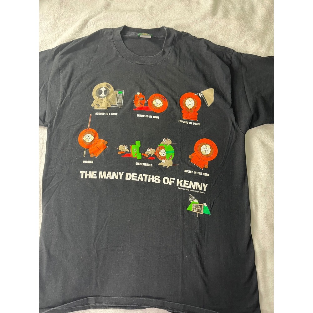 Vintage 1998 South Park The Many Deaths of Kenny T-Shirt Logotel Black XL Mens
